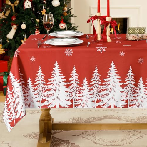 Softalker tovaglia natalizia rettangolare 140x240 cm rossa grande tovaglie 12 posti antimacchia con eleganti fiocchi di neve bianchi e albero di Natale ideale per capodanno, cucina, esterno,salone