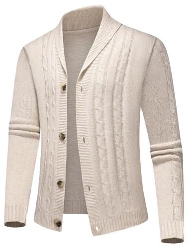 KUDMOL Cardigan Gilet Homme avec Boutons pour Hiver Chaud Col Châle Pull Veste en Maille Chandail Chaud Slim Fit Épais Tricot Polaire(Beige,3XL)