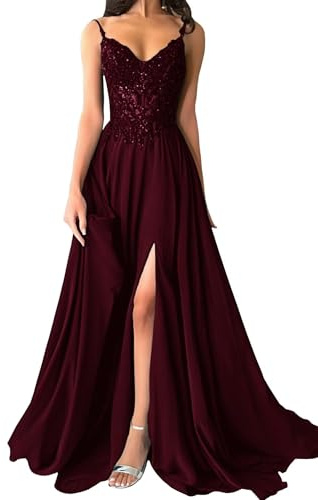 Damen Chiffon Ballkleider Lang V-Ausschnitt Spitzenapplikationen Brautjungfernkleid A-Linie Abendkleider mit Schlitz