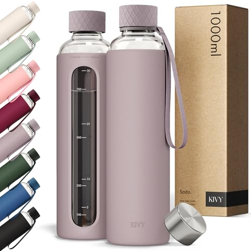KIVY Glass Water Bottle with Silicone Sleeve 32 oz - with Measurement | Borosilicate Glass Water Bottle Screw Top - Clear Bottles with Measurement Marking - Slim Waterbottle Aesthetic - BPA-Free