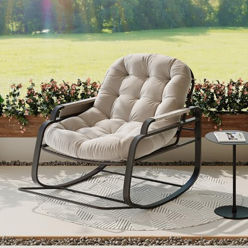 TDRTRD Chaise à Bascule de Jardin en Osier rotin, Rembourrée Rocking Chair avec Poches latérales, Chaise à Bascule avec Structure en métal, Fauteuil à Bascules avec Repose-Pieds Pliable (Beige)