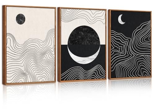 BINCUE 3 Stück Schwarz Weiß Abstrakt Wandbilder,Sonnen Mond Bilder mit Rahmen,Geometrische Linien & Berg Wandkunst Boho,Himmels Minimalist Modern Wanddeko für Wohnzimmer Schlafzimmer Büro(30x40cm)
