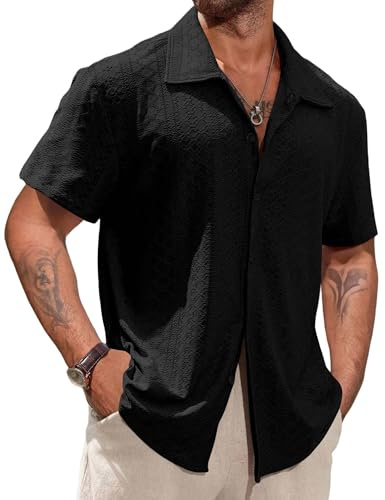 Remxi Mens Short Sleeve Shirts Button Down Hawaiian Shirt Summer Beach Cuban Collared T-Shirt Casual Holiday Hollow Out Tops Black M