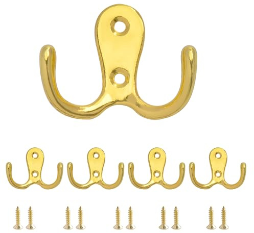 SZWLJ 5x Gold Doppelhaken Garderobenhaken Kleiderhaken Bad Kuche | Zum Schrauben. Fur Kleidung & Kuchenutensilien. Geeignet fur Badezimmer und Kuche. Gold. 5er Set.