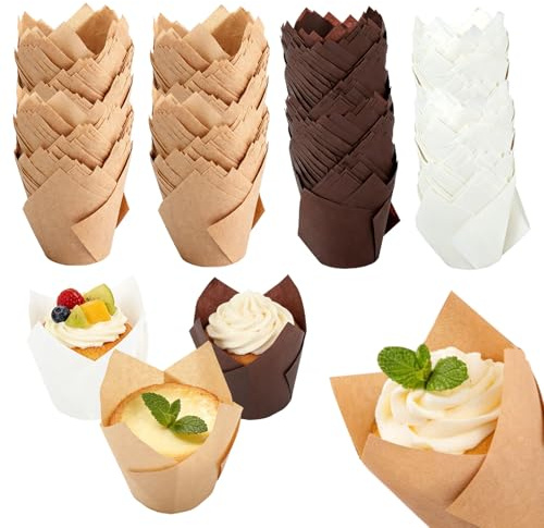 200 Stk Muffinförmchen Papier Tulpe,Muffins Papierförmchen | Muffinform Papier Cupcake Förmchen Papiers,Cupcake Formen Backförmchen Für Hochzeit Geburtstag Party(Schwarz/Braun/Weiß)