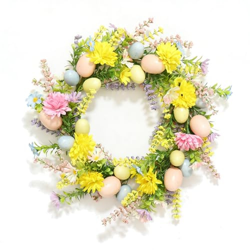 Osterkranz mit Buntem Eier-Dekor und Kunstblumen – Frühlingskranz aus Kunststoff – Bunte Fenster- und Türdekoration für Ostern, Frühling & Party (Durchmesser: 40 cm)