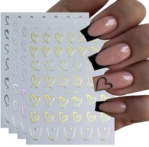 KAHZOR 4 Stück Bögen Herz-Nagelsticker, Wellenlinien-Nageldesign, 3D-selbstklebende, Pfirsichherzförmige French-Nagelsticker für Frauen, Valentinstag
