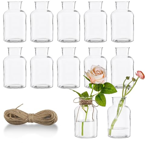 12 Stück kleine Vasen für Tischdeko 125ml Mini Glasvasen Set mit Juteschnur Vintage Design Exquisit Transparent Blumenvasen für Tischdeko Zuhause Hochzeiten Geburtstage Feste
