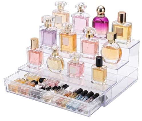 Morvexa Parfüm Organizer mit Schublade, Transparenter 3 Etagen Kosmetik Aufbewahrung, Acryl-Optik Display Regal für Schminktisch, Make-up, Lippenstift, Nagellack, Skincare, Bad, Kommode, Vitrine