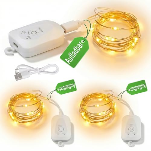 Mini Aufladbare Lichterkette Timer, 2M 20LED Warmweiß LED Lichterketten mit Wiederaufladbar USB-Kabel, Wasserdicht Lichterkette Innen für Weihnachten Valentinstag Hochzeit Party Zimmer Deko (3 Stück)