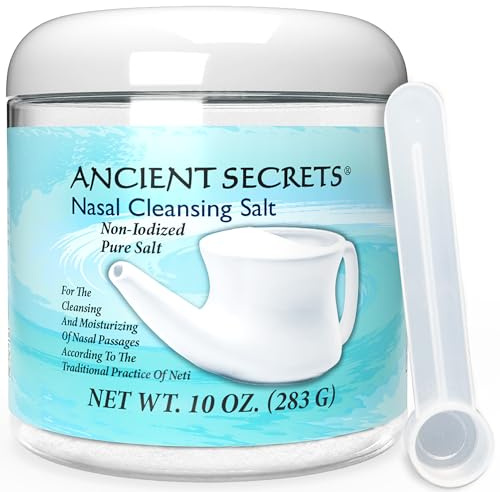 Ancient Secrets Nasal Cleansing Salt, Non-Iodized – USP-Grade Sodium Chloride for Any Neti Pot, Sinus Irrigation System, 10 Oz + Single-Use Travel Pack
