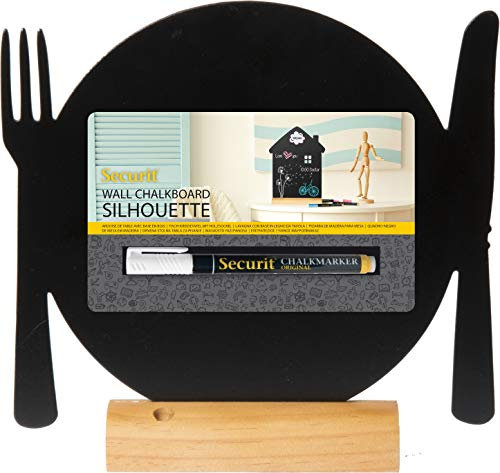 SECURIT - Silhouette Tischkreidetafel Teller mit Besteck + Weißer Marker - Doppelseitige Tafel mit Griff - Holzständer - Cafés, Bars, Restaurants - 33,5x21x6cm - Natur/Schwarz