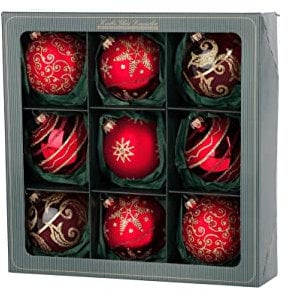 Weihnachtsdeko Glaskugelsortiment, Rot/Satin-Rot mit gold, 8cm, mundgeblasen, Christbaumkugeln Lauscha