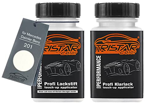 TRISTARcolor Autolack Lackstift für Mercedes 201 Creme Weiss + Klarlack | für Mercedes / Daimler Benz, Set aus Basislack + Klarlack, Lackfläschchen mit Pinsel, je 50ml