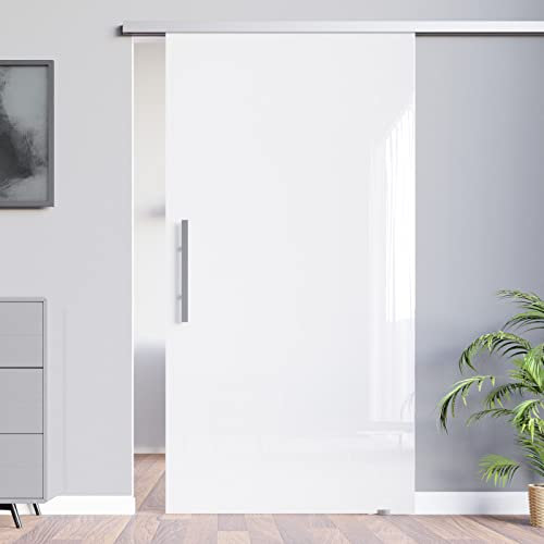 BV-775W-420GR-ASE: Schiebetürsystem VSG 775x2050x8mm hochglanz weiß; Schienensystem ALU SlimLine SoftClose; Griffstange eckig 420