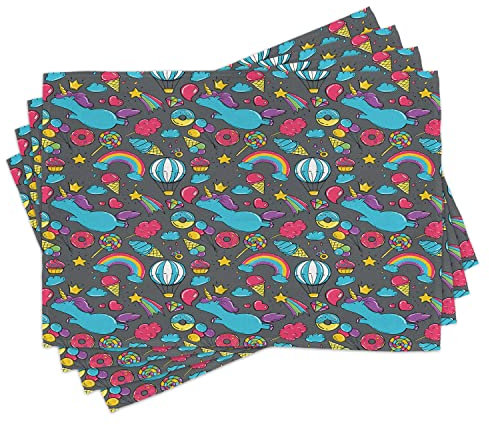 ABAKUHAUS Unicorn Piazza stuoie, unicorni arcobaleno cartone animato, tessuto lavabile sala da pranzo Cucina Decorazione Della Tavola stampa digitale, Grigio scuro Blu
