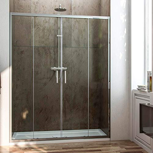Cabine de douche avant 2 panneaux fixes + 2 portes coulissantes transparente 160 cm