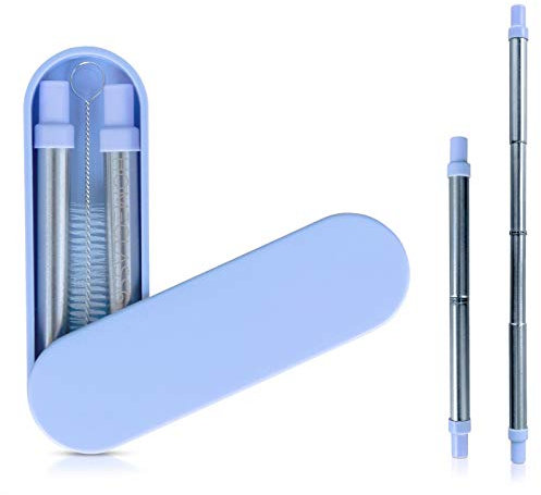 Reusable Straws Stainless Steel Metal - Telescopic Long Drinking Straw That is Portable, Collapsible, Retractable and Creates Zero Waste - Travel Case & Cleaning Tool Included (Baby Blue)