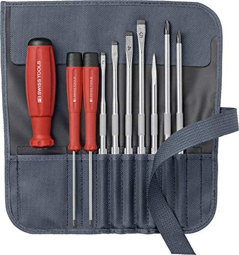 PB Swiss Tools Schlitz/Kreuzschlitz/Ahle Schraubendreher Set PB 8218.GY - 100% Swiss Made - 10-teiliges Schraubenzieher Set mit 7 Wechselklingen, inklusive hochwertiger Stoff-Rolltasche