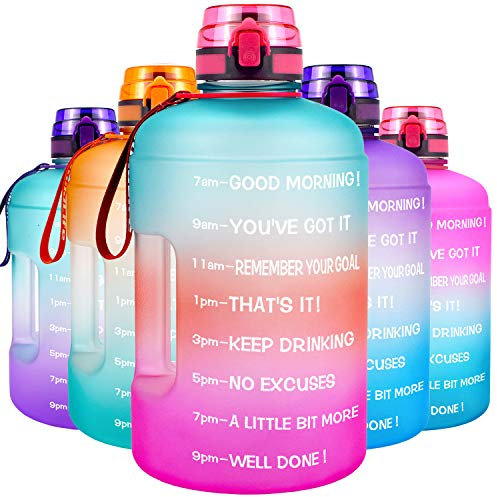 QuiFit 2.2 Litre Motivational Water Bottle - with Strainer & Time Marker,Fruit Infuser Travel Water Jug for Outdoors Sports Fitness BPA Free (Green/Pink Gradient, 2.2 L)