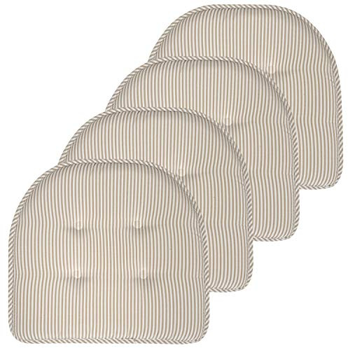Sweet Home Collection Chair Cushion Memory Foam Pads Tufted Slip Non Skid Rubber Back U-Shaped 17 x 16 Seat Cover, 4 Count (Pack of 1), Pinstripe Taupe