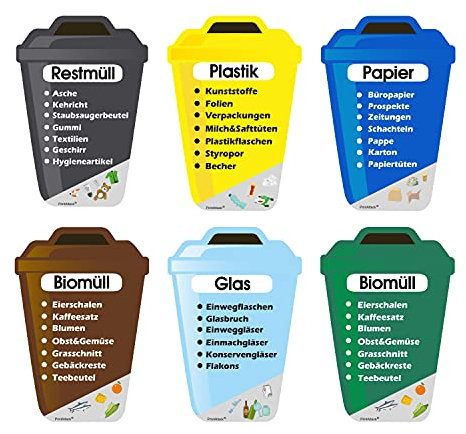 P038 PrintAttack Mülltrennung Aufkleber Set Deutsch oder Englisch für Mülltonne Vinyl verschiedene Größen Kratz, Wetter UV-Schutz für innen und außen Plastik Glas Papier Restmüll Bio (V2_6er Set XXL)