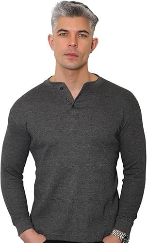 Long Sleeve Henley T Shirt Mens - Grandad Shirt Mens Tops Casual Waffle Knit Button Shirt 2208 (UK, Alpha, XL, Regular, Regular, Charcoal Grey)
