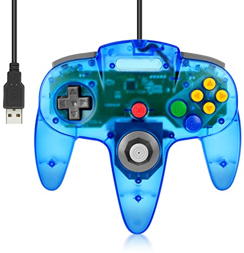 FISUPER Manette de jeu vidéo filaire USB N64, manette de jeu vidéo classique USB pour Windows PC Mac Raspberry Pi Retropie [compatible avec commutateur] (bleu clair)