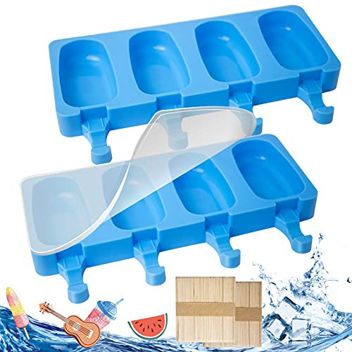 2Pcs Ice Lolly Moulds with Sticks, Non-Stick Cakesicle Moulds, Silicone Ice Popsicle Mould with Lid, 100 Sticks and 50 Popsicle Bags for DIY Ice Cream, BPA-Free