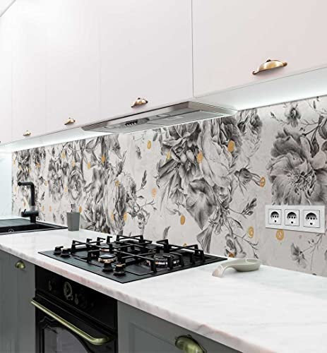 MyMaxxi - Selbstklebende Küchenrückwand Folie ohne Bohren - Blühende Rosenblumen Zeichnung schwarz Weiss 60cm hoch- Klebefolie Wandtattoo Wandbild Küche - Wand-Deko - Pflanzen Blatt Blätter Kunst -