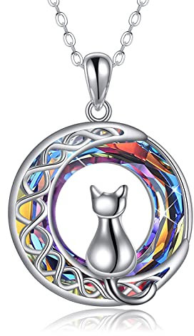 POPLYKE Katze Kette für Mädchen Sterlingsilber Keltischer Mond Rot Kristall Anhänger(Kristall 1)