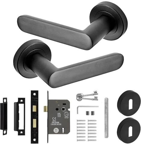 Decoranddecor Echo Matt Black Door Lever Handles - 54mm Round Rose - Aluminium - Sash Lock Kit with Keys