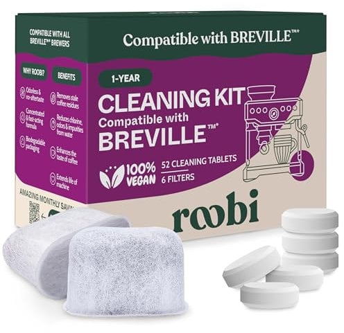Roobi Cleaning Kit for Coffee Machine & Espresso Machine Compatible With Sage and Breville (52 Cleaning Tablets + 6 Water Filters). Limescale Remover. 1 Year Supply. Carbon Neutral & Eco-Friendly