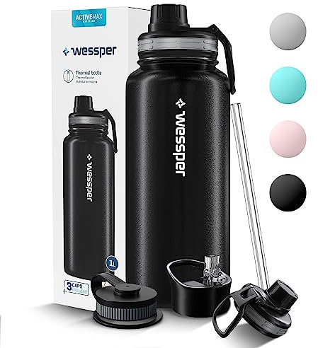 Wessper Gourde Thermique en Acier Inoxydable 1L Anti-fuite Bouteille Isotherme, Thermos sans BPA avec 3 Couvercles | Gourde Noir Élégante Sport | Gourde Isotherme Enfants Adulte pour Camping