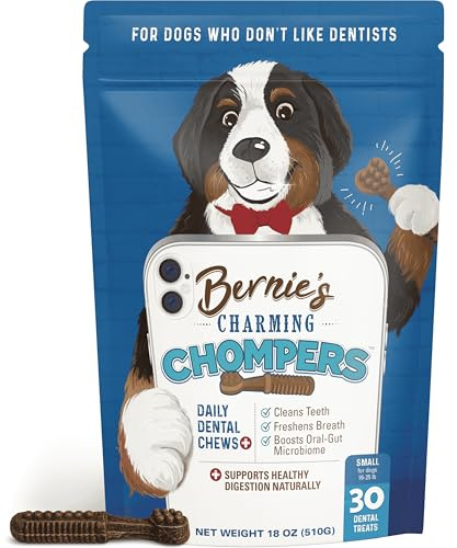 Bernie's Charming Chompers - Daily Dental Chews for Dogs 15-25 Lbs. - 30 Count - Cleans Teeth, Freshens Breath, + Boosts Oral-Gut Microbiome. Easy to Digest, Supports Healthy Digestion Naturally