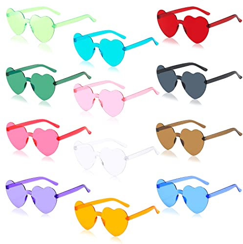Herz Party Brillen, 12 Stück Farben Party Brille, Herzform Sonnenbrille, Retro Party Sonnenbrille, Fashion Brille Randlose Interessant Brille, Hippie Brille für Fasching Karneval Foto Requisiten