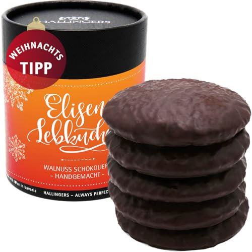 Hallingers Walnuss Zartbitter schokoliert - 5 saftige Elisen-Lebkuchen hoher Kernanteil handgemacht in edler Papierdose (Dose) - Valentinstag als Geschenk für ihn & Geschenk für sie | Danke Silvester