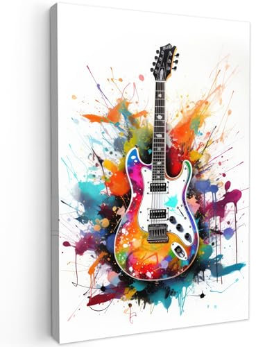 MuchoWow© Impression sur Toile Photo Peinture 80x120 cm Tableau Decoration Murale Chambre Salon Maison Deco Cuisine Guitare - Graffiti - Musique - Blanc