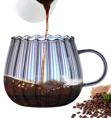 Genikeer 400Ml Glass Pumpkin Cups with Handle | Transparent Mug Pumpkin Shape Mugs | Classical Vertical Stripes Glass Tea Cup | Vintage Coffee Mugs for Latte, Espresso, Cappuccino, Tea