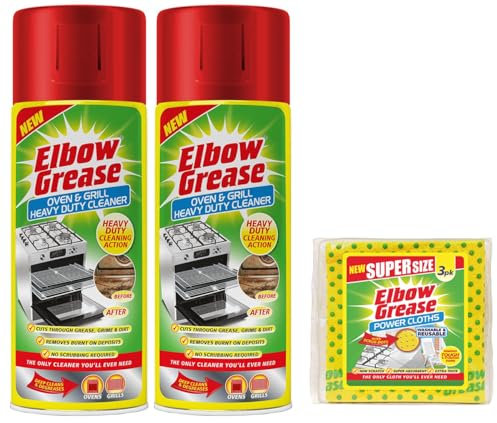 2X Elbow Grease Oven & Grill Heavy Duty Cleaner Spray (2X 400 ML)- Powerful Oven & Grill Deep Cleaner - with 1 Pack Elbow Grease Power Cloth