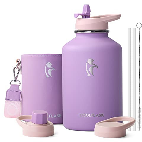 Coolflask Bouteille d'eau 2L isolée avec manchon en cuir PU, bouteille d'eau en acier inoxydable, couleur contrastée avec couvercle en paille, maintien au froid 48h, maintien au chaud 24h, Pourpre
