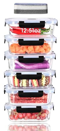 LNWSN Frischhaltedosen Glas mit Deckel 6 Set, Kompakt und tragbar Meal Prep Boxen Glas, Auslaufsicher Vorratsdosen Glas, 370ml Glasbehälter für Schüler mit Mahlzeiten und Lagerung Lebensmitteln