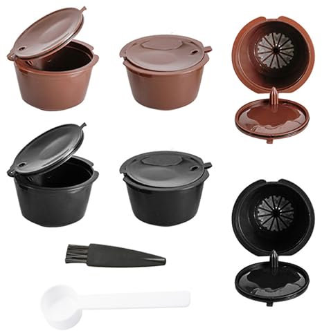 Skibetfo 6pcs Dolce Gusto Reusable Pods Coffee Pods Refillable Coffee Capsules Filter Coffee Capsule Cups BPA Free for Coffee Machine DolceGusto Mini Me Piccolo(3 Brown+3 Black+1 Spoon+1 Brush)