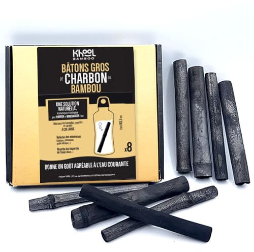 KHOOL | Lot de 8 Gros Bâtons de charbon de bambou purificateur d'eau | 1-2 cm de diamètre | 1 baton = 1L | PURIFIE et améliore le goût à l’eau dans une BOUTEILLE, CARAFE ou GOURDE
