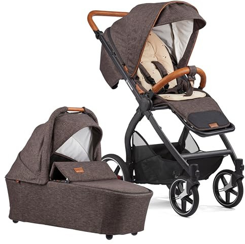 Gesslein Kinderwagen FX4 Swing mit Babywanne Panorama Lyx (Kinderwagen 3 in 1 mit Liege- und Sitzoption, inkl. Sportwagenaufsatz, individuell einstellbar, hoher Komfort, geringes Packmaß), Braun