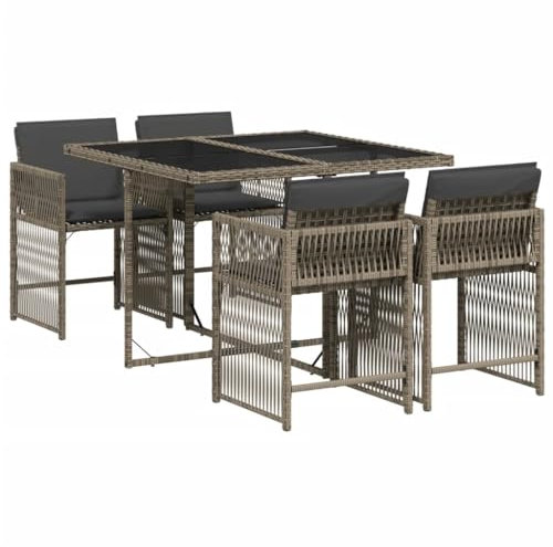 vidaXL Garten Essgruppe 5-TLG., Gartenmöbel Set Tisch mit 4 Stühle, Gartengarnitur mit Kissen, Sitzgruppe Essgarnitur Terrasse, Grau Poly Rattan
