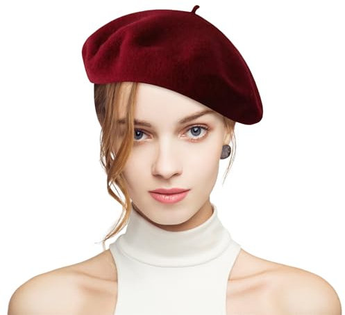 Fnaobai Klassische französische Baskenmütze aus Wolle, für Mädchen, Herbst, Winter, Künstler, Maler, weinrot, Einheitsgröße