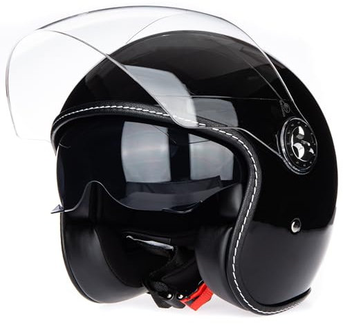 Halbhelme Gesicht Motorrad Helm ECE 22.06 genehmigt halbe Casco Fit Männer Frauen ATV Moped Roller (Gloss Schwarz, M)