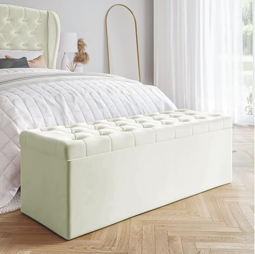 AZ Interiors Royal Furniture 90cm Wide Chesterfield Ottoman Storage Bench, Plush Velvet Bench with Storage, End of Bed Bench, Velvet Upholstered Coffee Table, Entryway Bench (Cream Velvet)