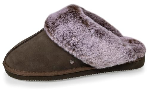 Isotoner Chaussons pantoufles mules femme cuir fourré chaud, 37 EU, kaki